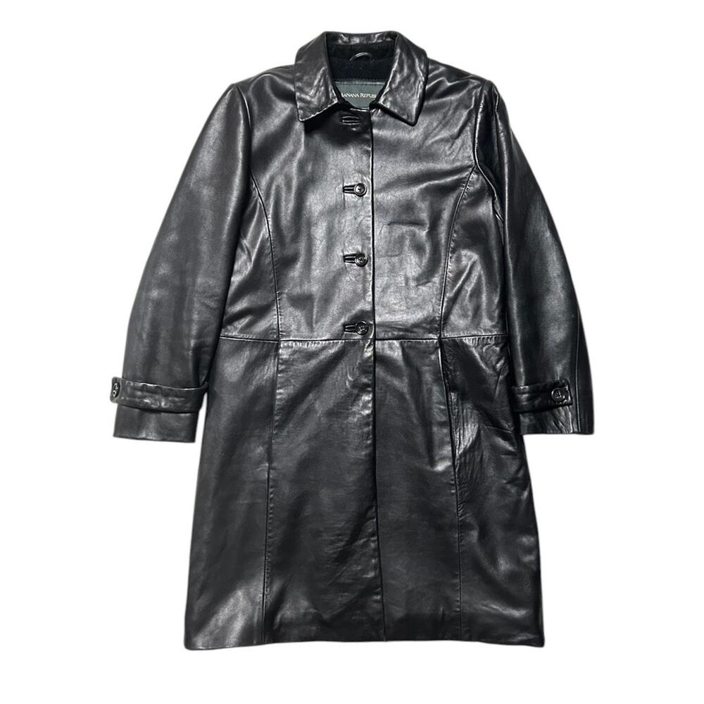 Banana Republic Vintage 90s Black Patent Leather Wool Long Jacket Trench Coat XS